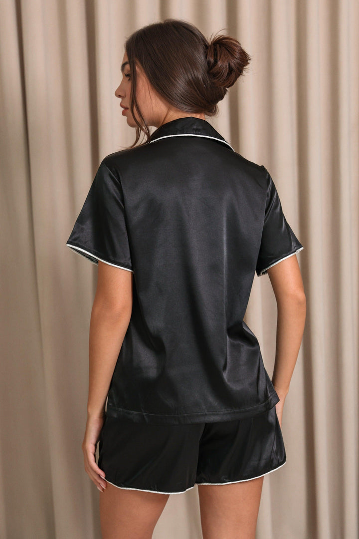 Nyla Satijnen Korte Pyjama Set - Zwart